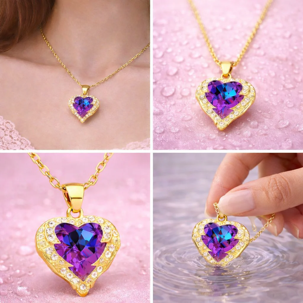 18K Gold Vermeil Heart Pendant Necklace with Iridescent Crystal - Image 3