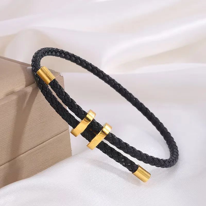 Black Braided Rope Bracelet with Gold-Plated Titanium Accents - Image 3