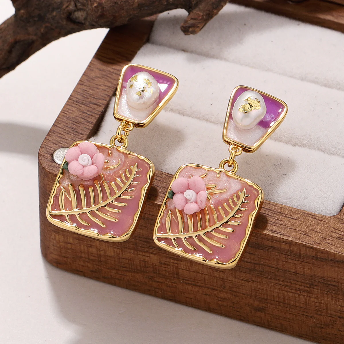 Blush Fern Pearl Drop Earrings – Gold Plated Floral Statement Jewellery - Image 3