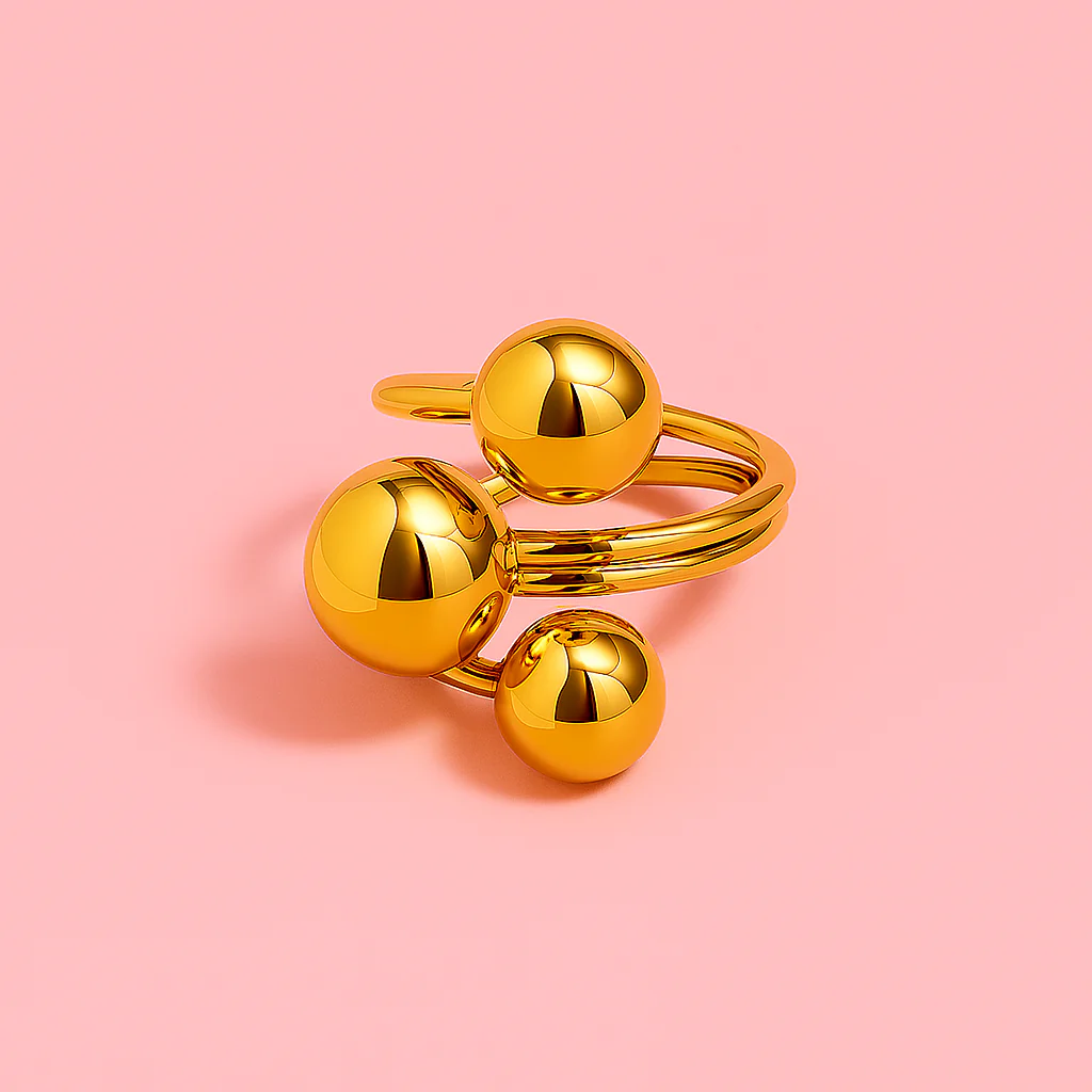 Bold Triple Ball Gold Ring – Adjustable & Statement Piece - Image 3