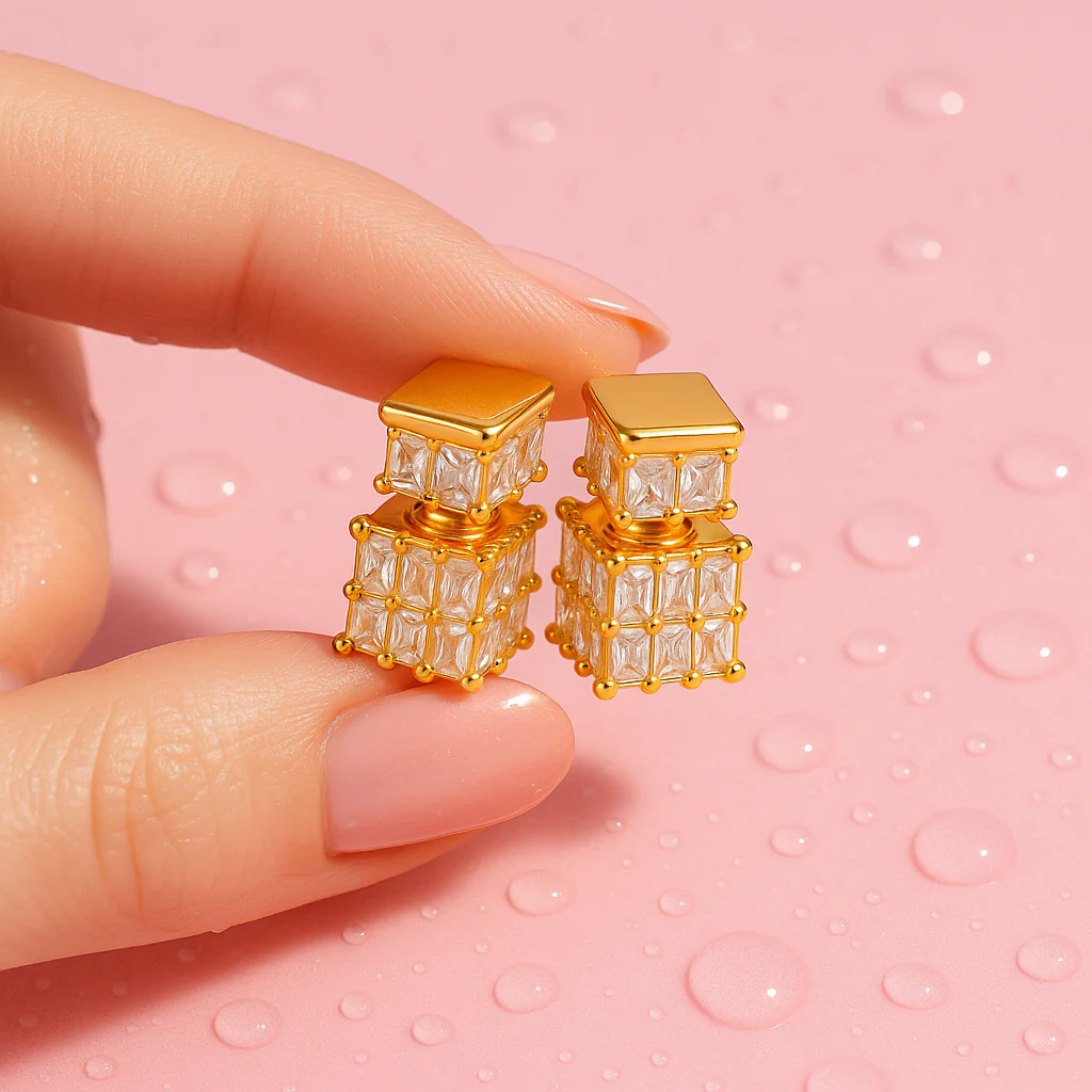 Geometric Gold Cube Earrings with Crystal Detailing - Image 3
