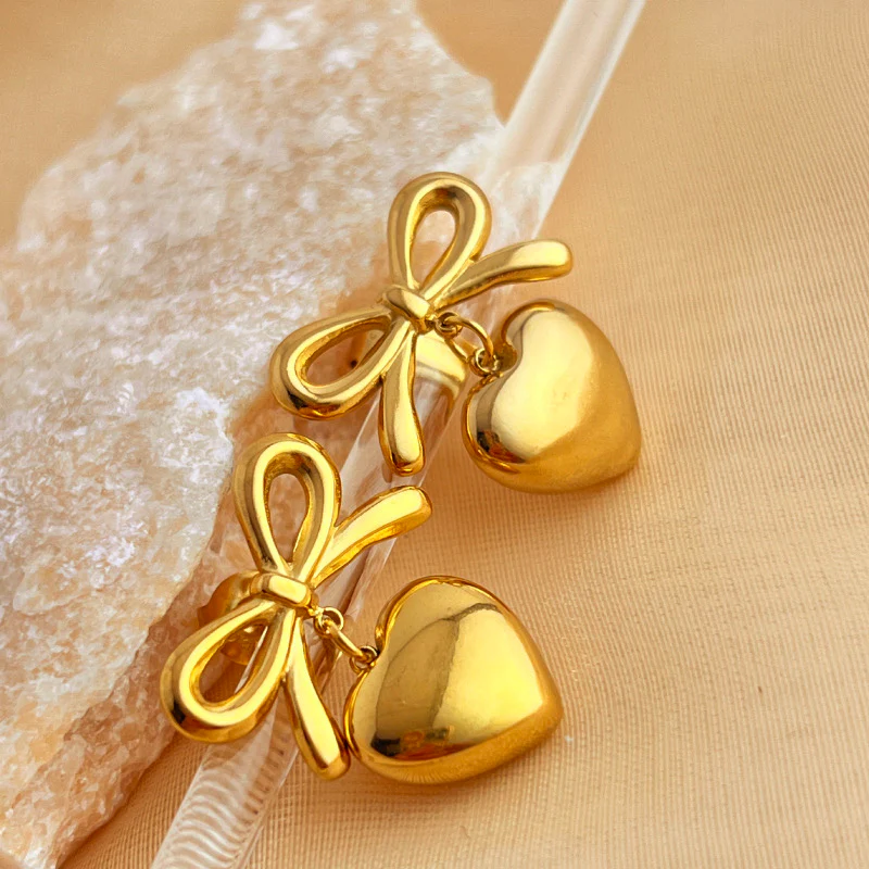 Gold Bow Heart Drop Earrings - Image 3
