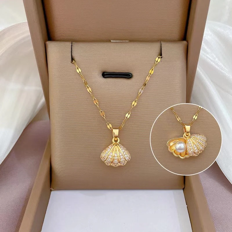 Seashell Pendant Necklace – 18K Gold Plated with CZ Crystals | Demi-Fine Jewellery - Image 4